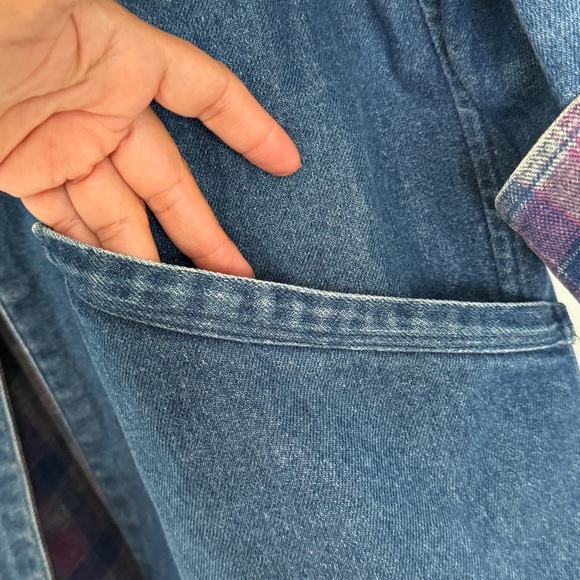 Vintage 80’s Denim Long Duster Blue Pink Plaid Lined Long Coat Sz L Jean Heavy - Picture 14 of 17